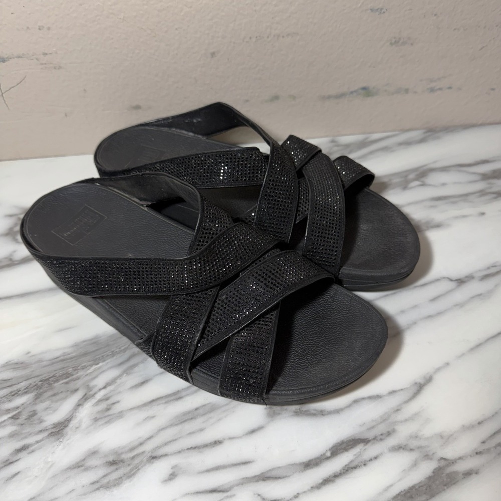 FitFlop Rokkit Sandals Womens 8 Black Strappy Rhinestone Wedge Comfort Casual
